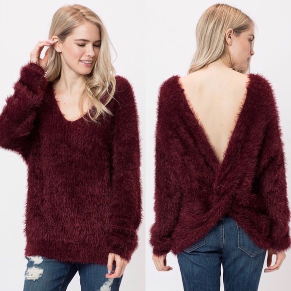 Sweaters - Last☝️Wine Long Sleeve Open Back Fuzzy Sweater